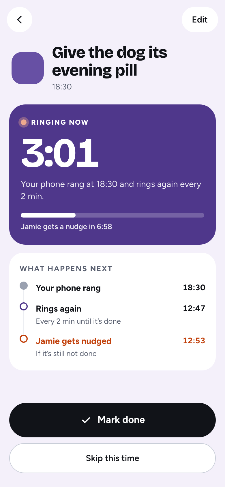 Gyvas signalas dėl šuns vakarinės tabletės, vėl skamba kas 2 minutes. Mark done arba Skip this time. Jamie paraginamas po 6:58.