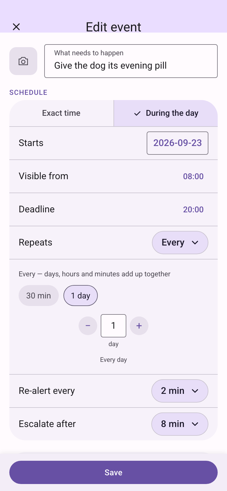 Edit event set to During the day. Visible from 08:00, deadline 20:00, repeating every day, re-alert every 2 minutes, escalate after 8 minutes.