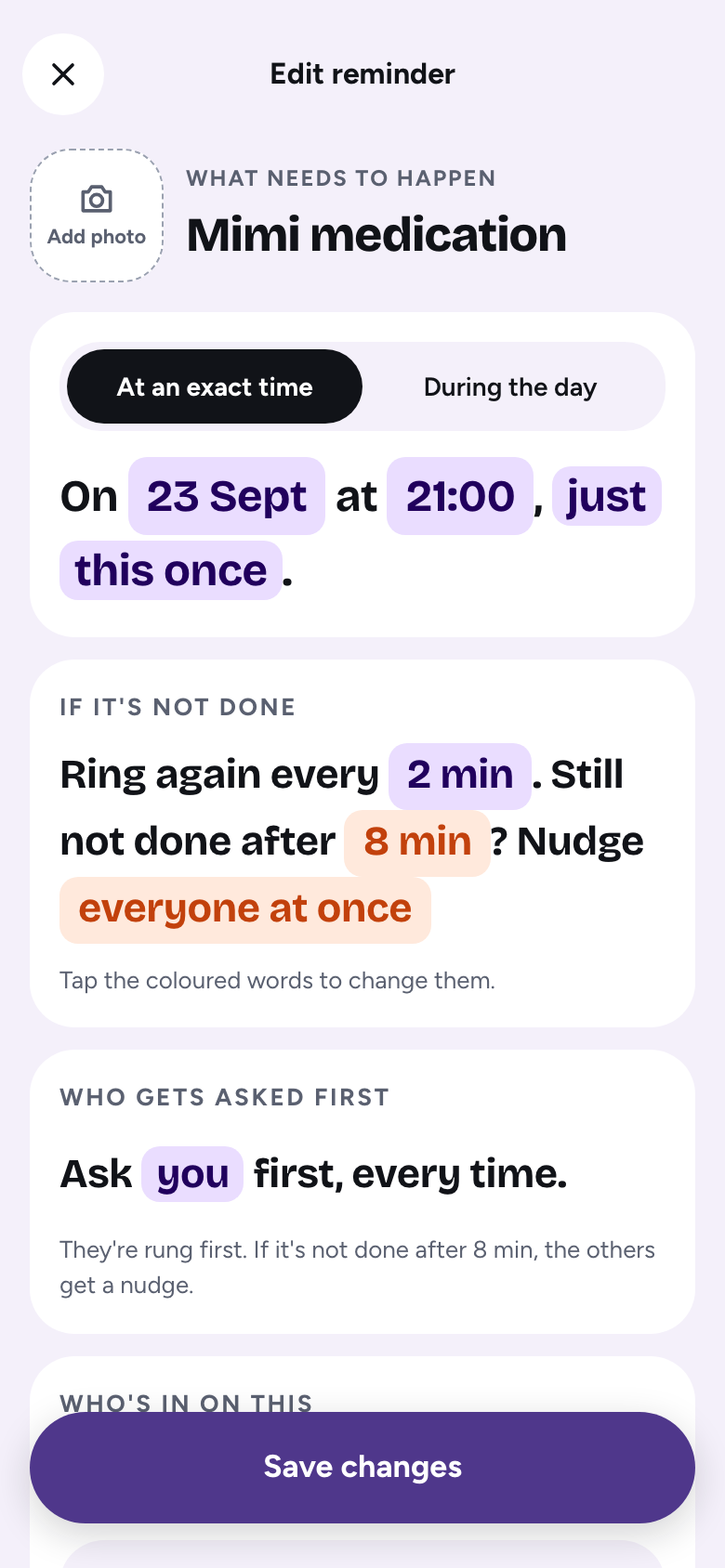 Edit reminder, nustatytas kaip sakinys: rugsėjo 23 d. 21:00, tik šį kartą. Violetinius žodžius galima paliesti ir pakeisti.