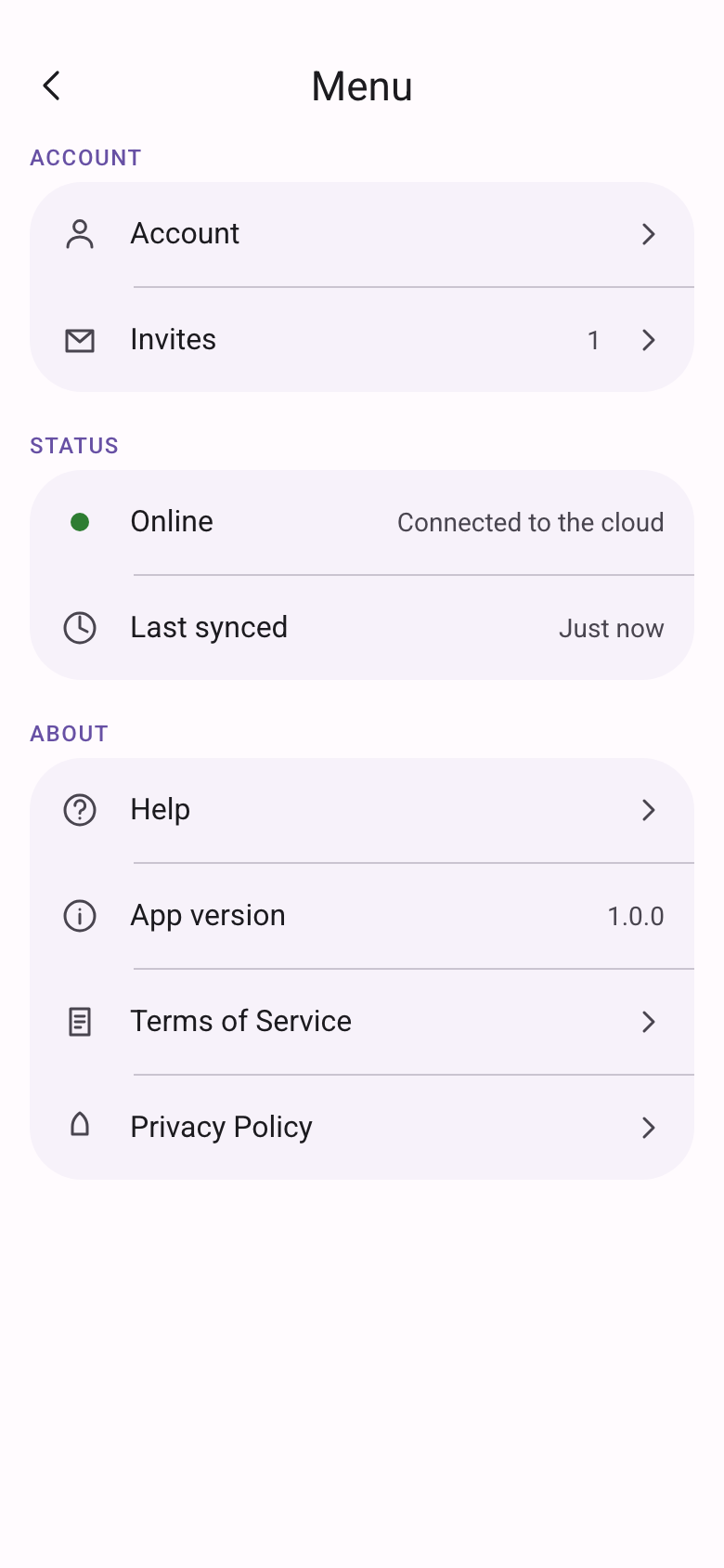 Menu with Account, one pending invite, online status, Help, terms, and the privacy policy.