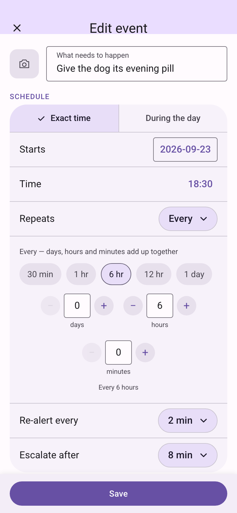 Edit event at an exact time of 18:30, repeating every 6 hours, re-alert every 2 minutes, escalate after 8 minutes.