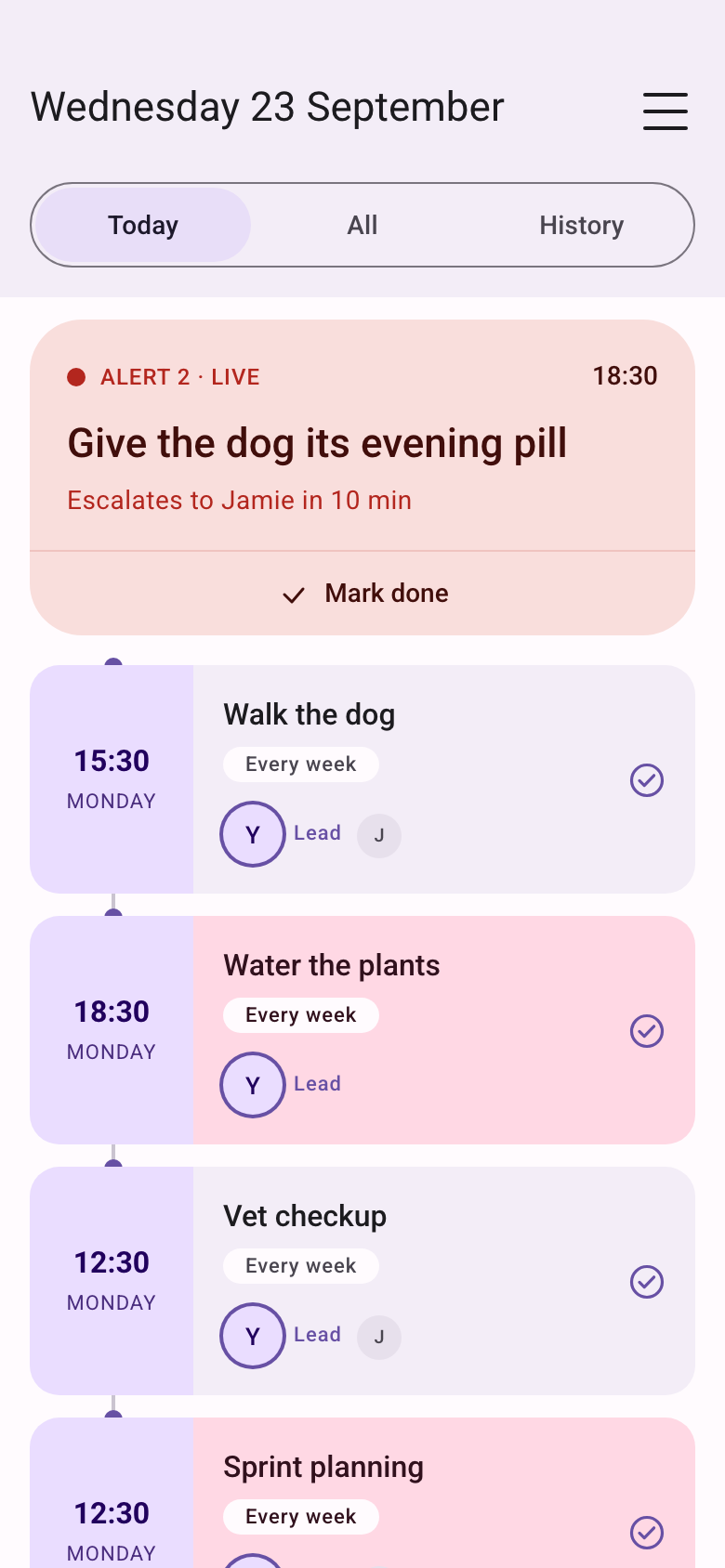 Today. A live alert for the dog’s evening pill at 18:30 escalates to Jamie in 10 minutes. Upcoming tasks show the lead and a backup.