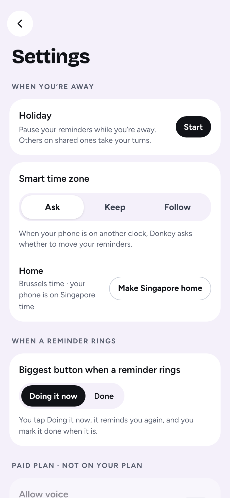Settings: Holiday ir Smart time zone su Ask, Keep ir Follow.